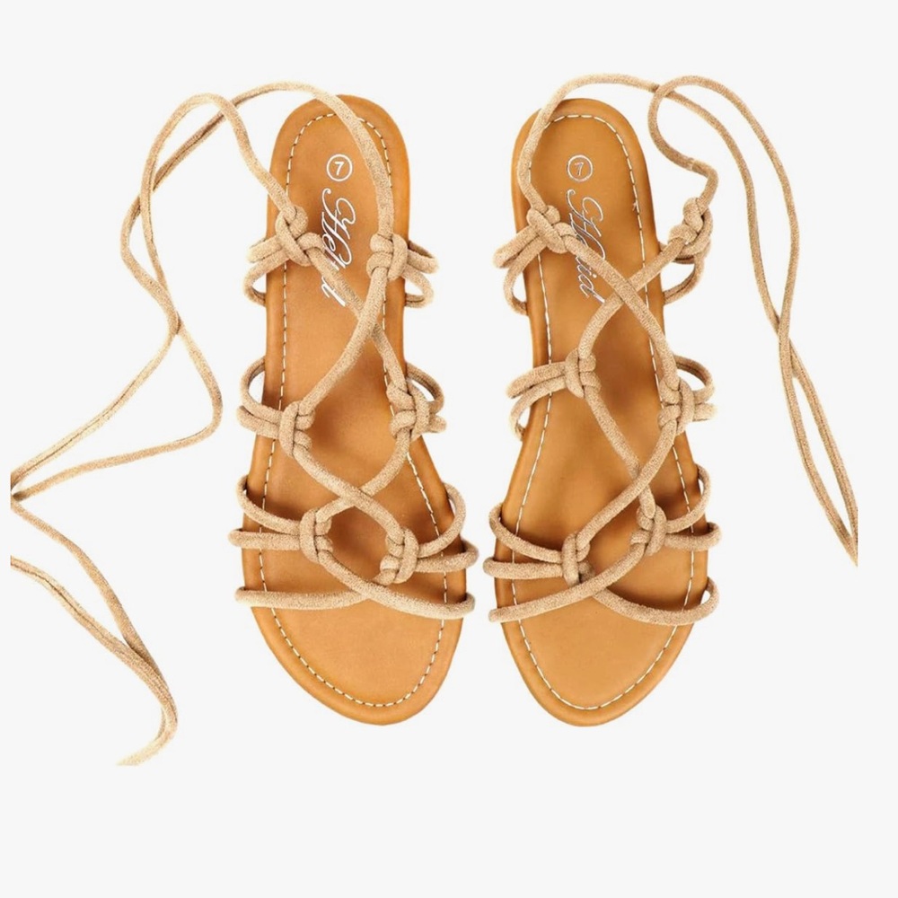 Open Toe Lace Up Gladiator Flat Sandals，Slip on Roman Sandals